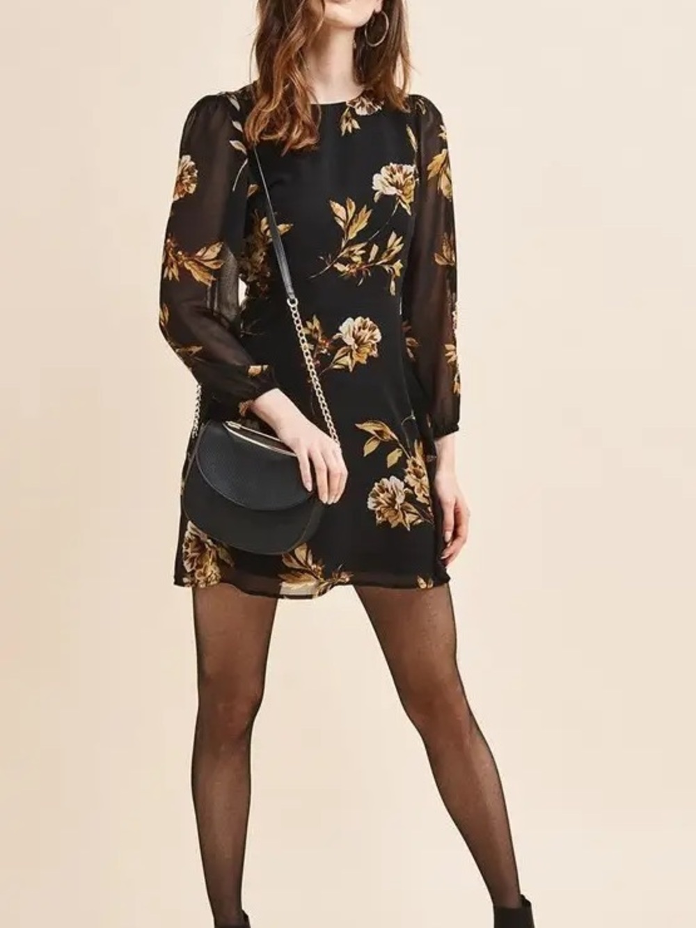 Dynamite Black Mini Dress with Gold Floral Print